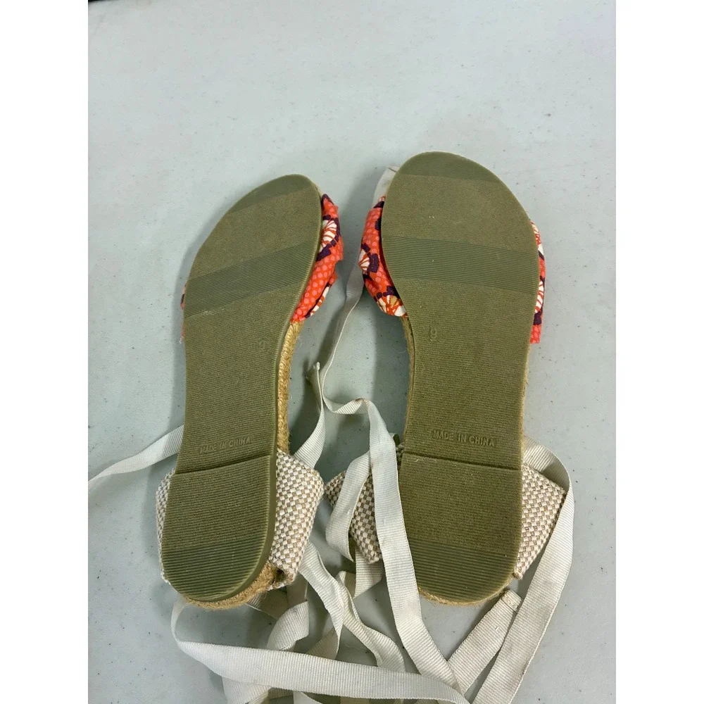 Old Navy Womens Espadrille Ankle Tie Sandals Coral Pink Floral Knot‎ Flat Size 9